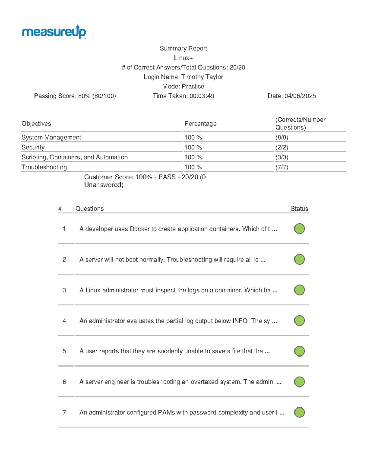 Test report - measure up - Summary Report Linux+ of Correct Answers ...