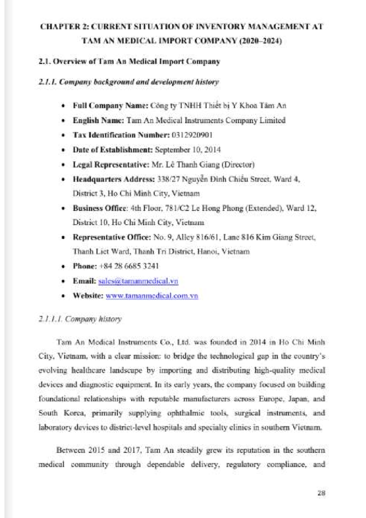 CHAPTER 2: CURRENT INVENTORY MANAGEMENT AT TAM AN MEDICAL IMPORT ...