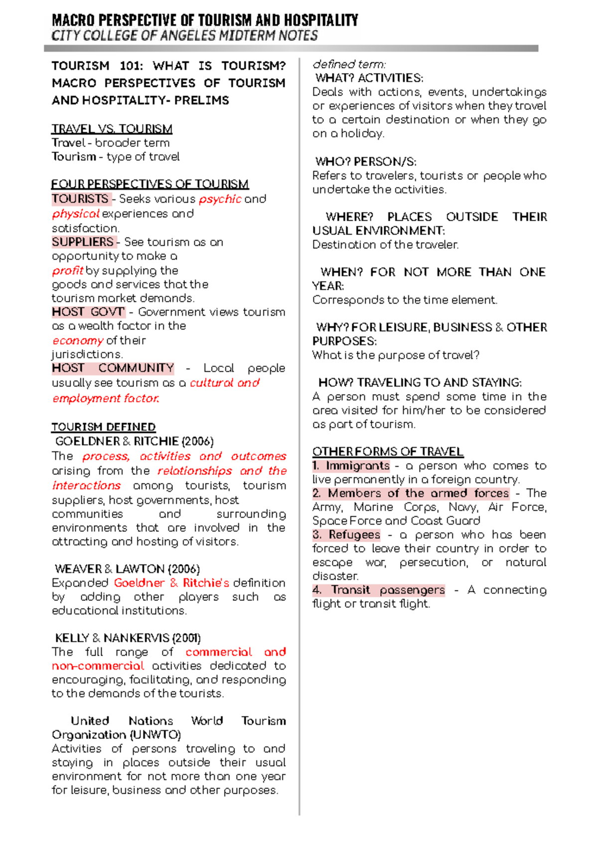 MACRO PERSPECTIVE OF TOURISM AND HOSPITALITY 101: LECTURE NOTES - Studocu