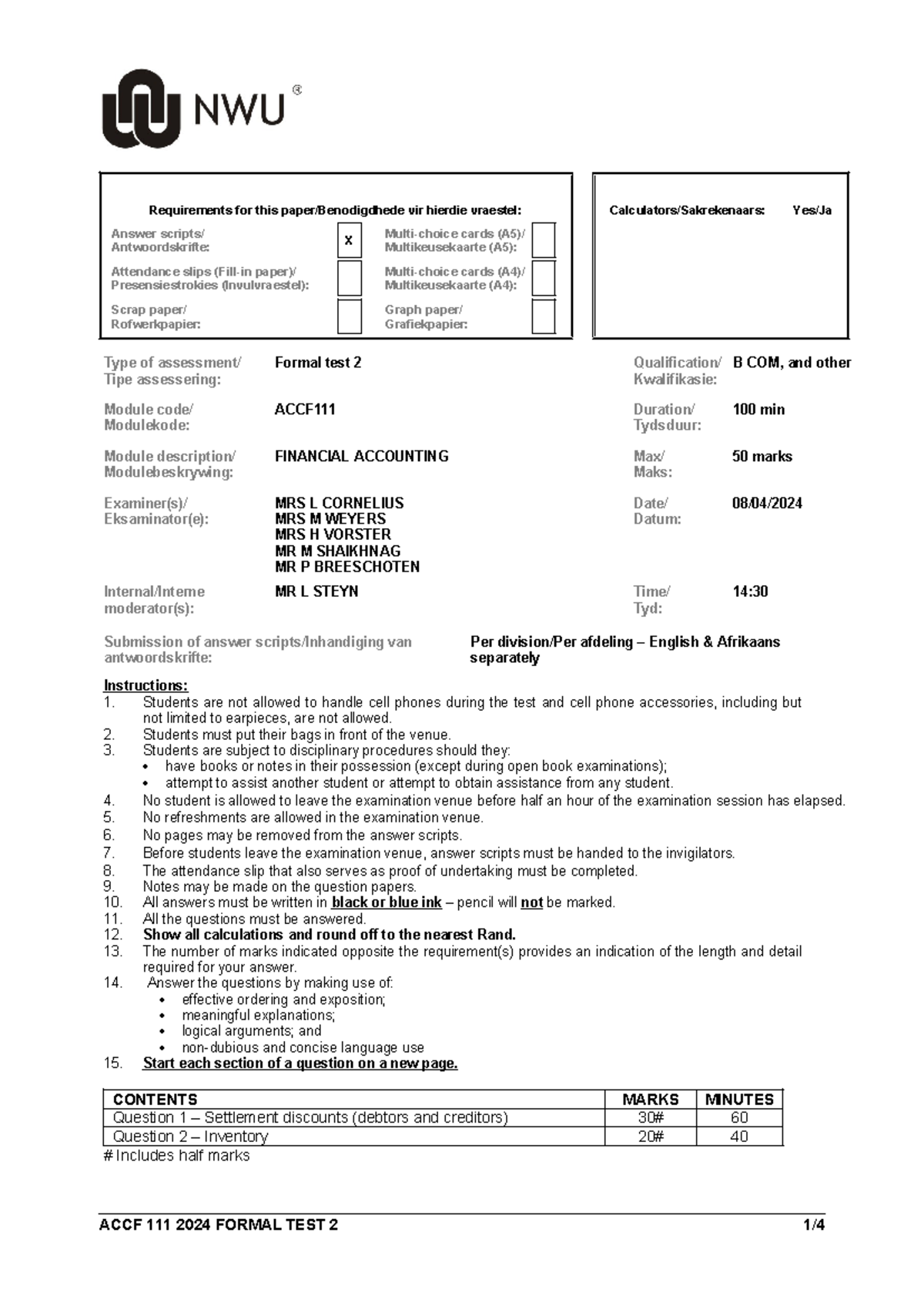 2024 ACCF111 Formal Test 2 Guidelines and Assessment Details - Studocu