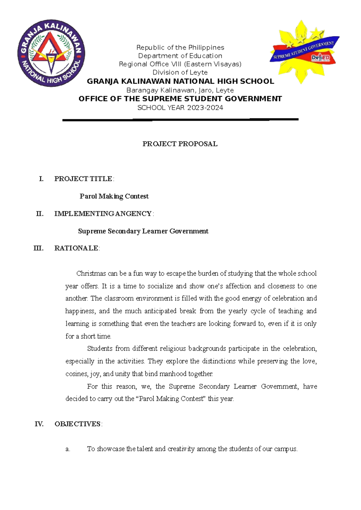 Project Proposal for Parol Making Contest - School Year 2023 - Studocu