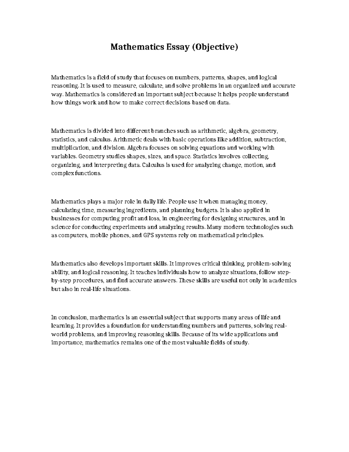 Mathematics Essay (Objective): Importance and Applications - Studocu