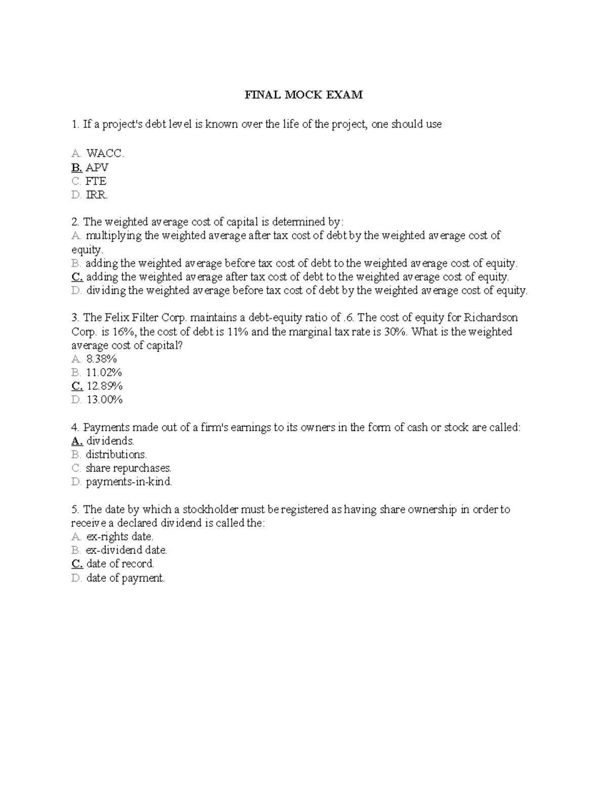 Final Mock Exam - Corporate Finance (FIN 301) - Studocu