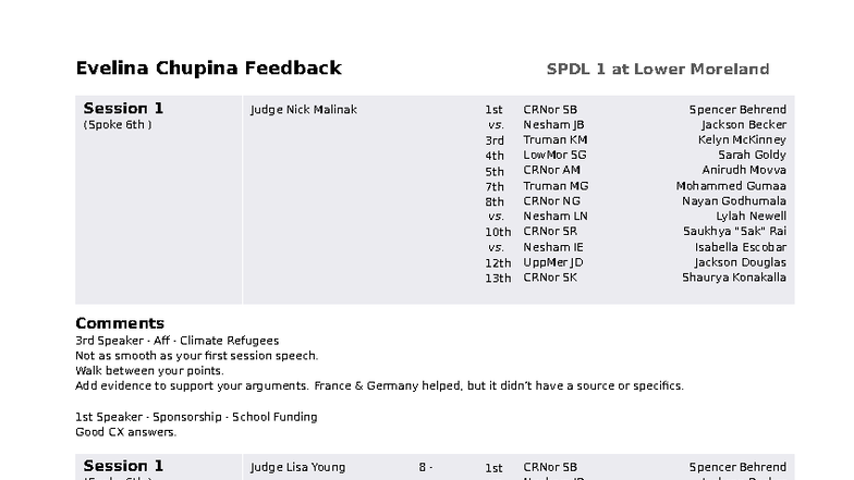Feedback Session 1 & 2 for SPDL 1 at Lower Moreland - Studocu
