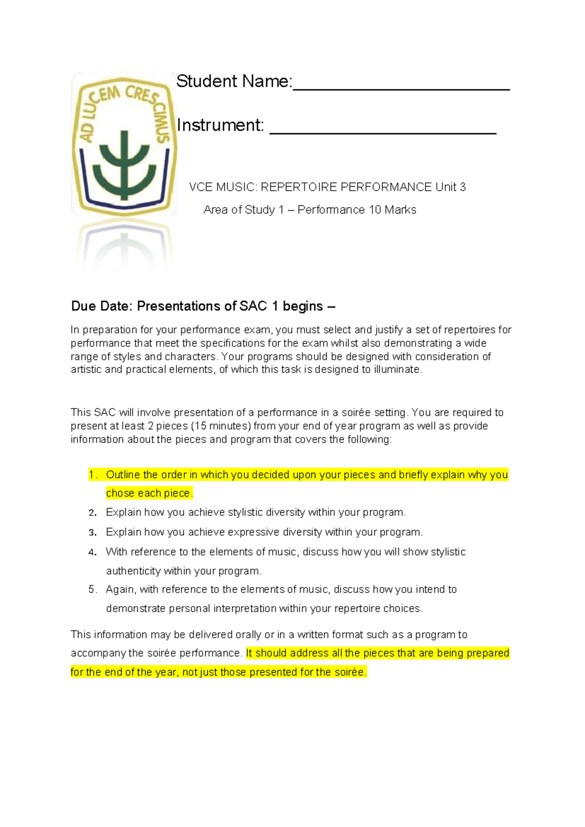 SAC 1 Repertoire Performance: VCE Music Unit 3 Study Guide - Studocu
