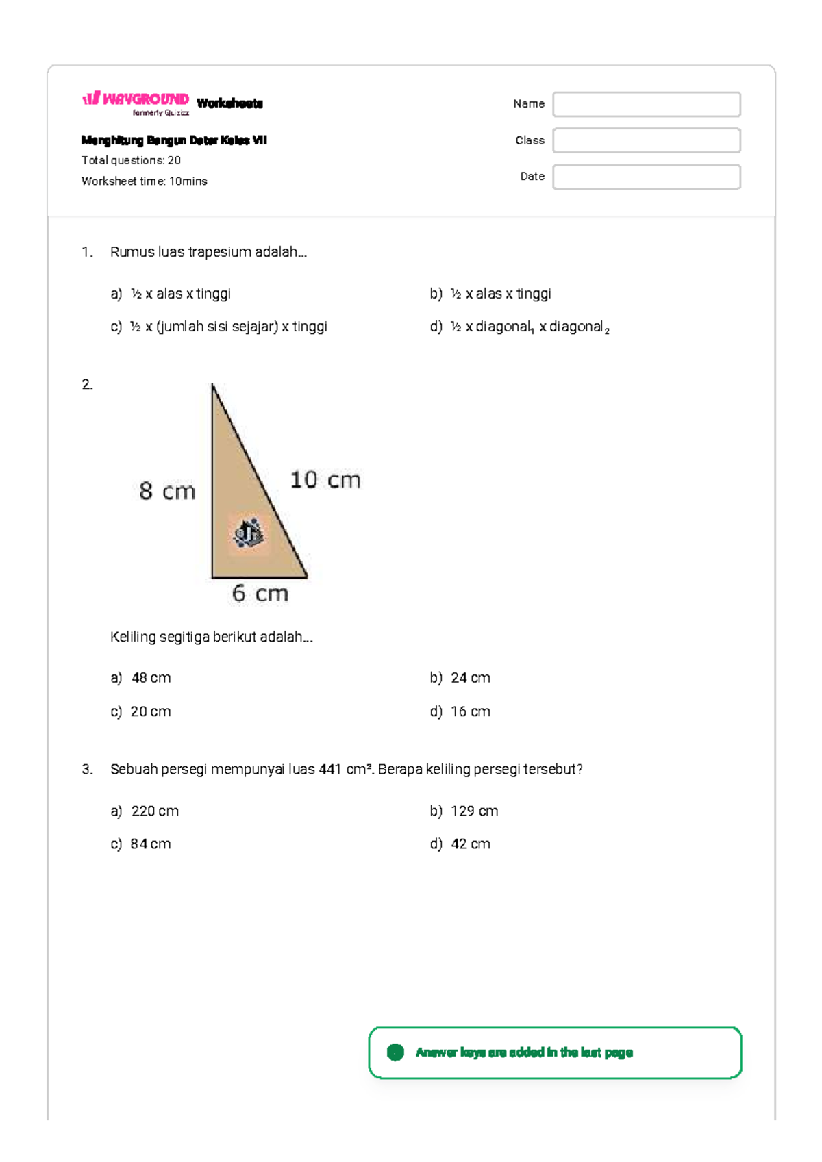 Menghitung Bangun Datar Kelas VII: Worksheet & Answer Keys - Studocu