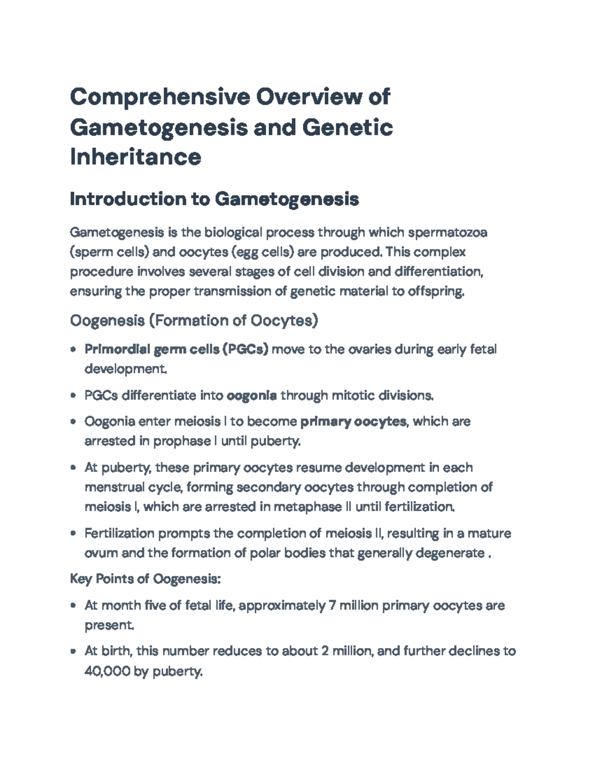 Comprehensive Overview of Gametogenesis and Genetic Inheritance ...