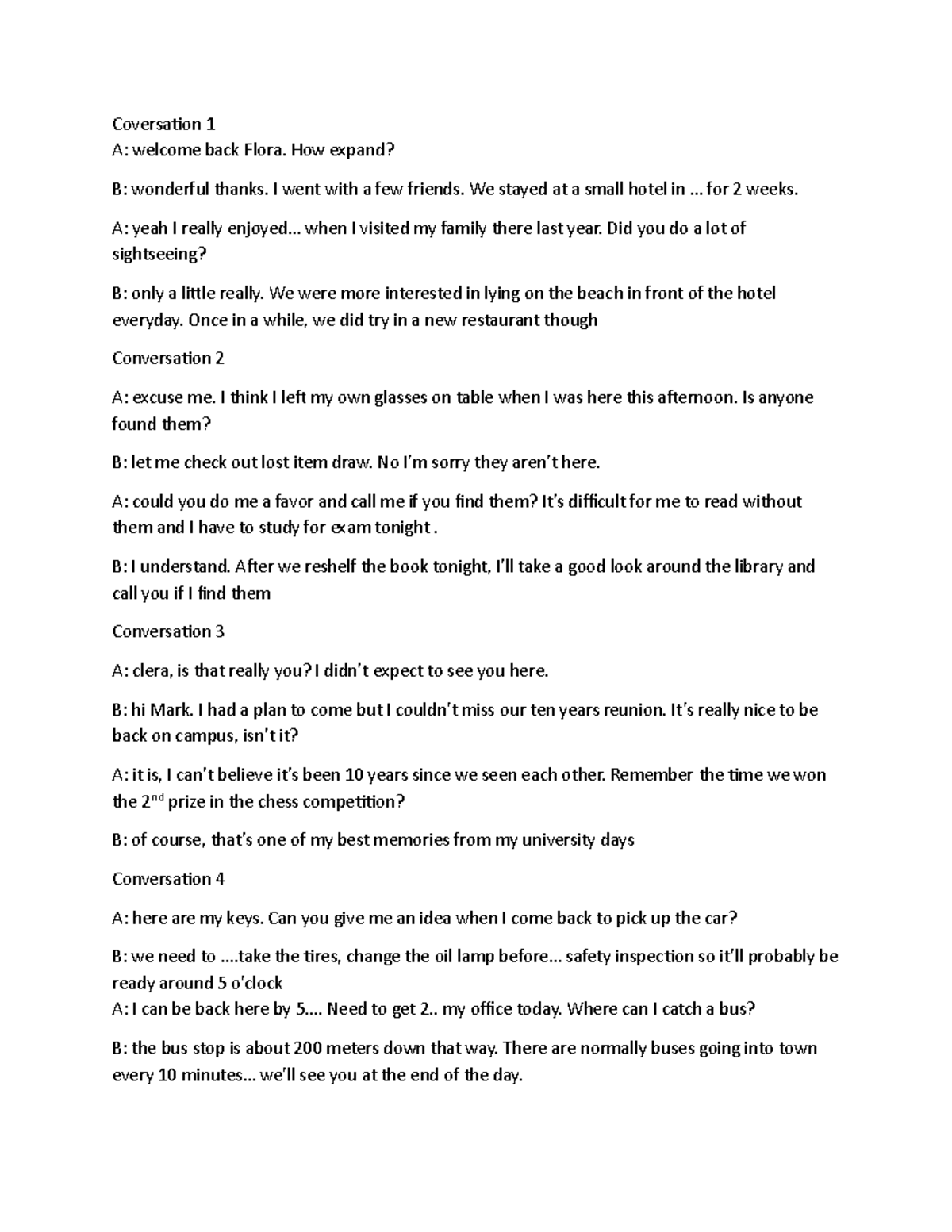 Conversations for ESL Practice: Course Code ENG 101 - Studocu