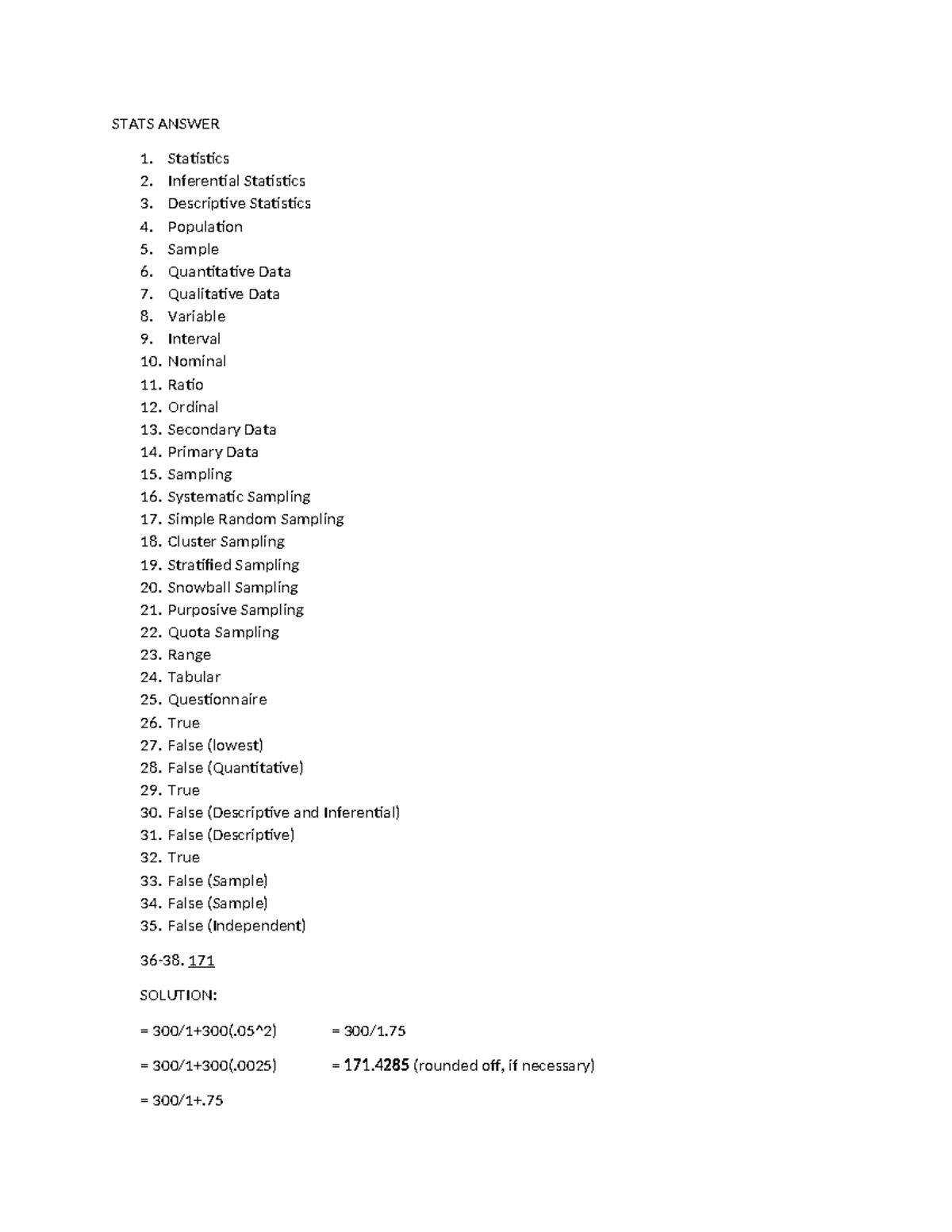 Stats Answer - Lecture of Statistical Applications - STATS ANSWER ...