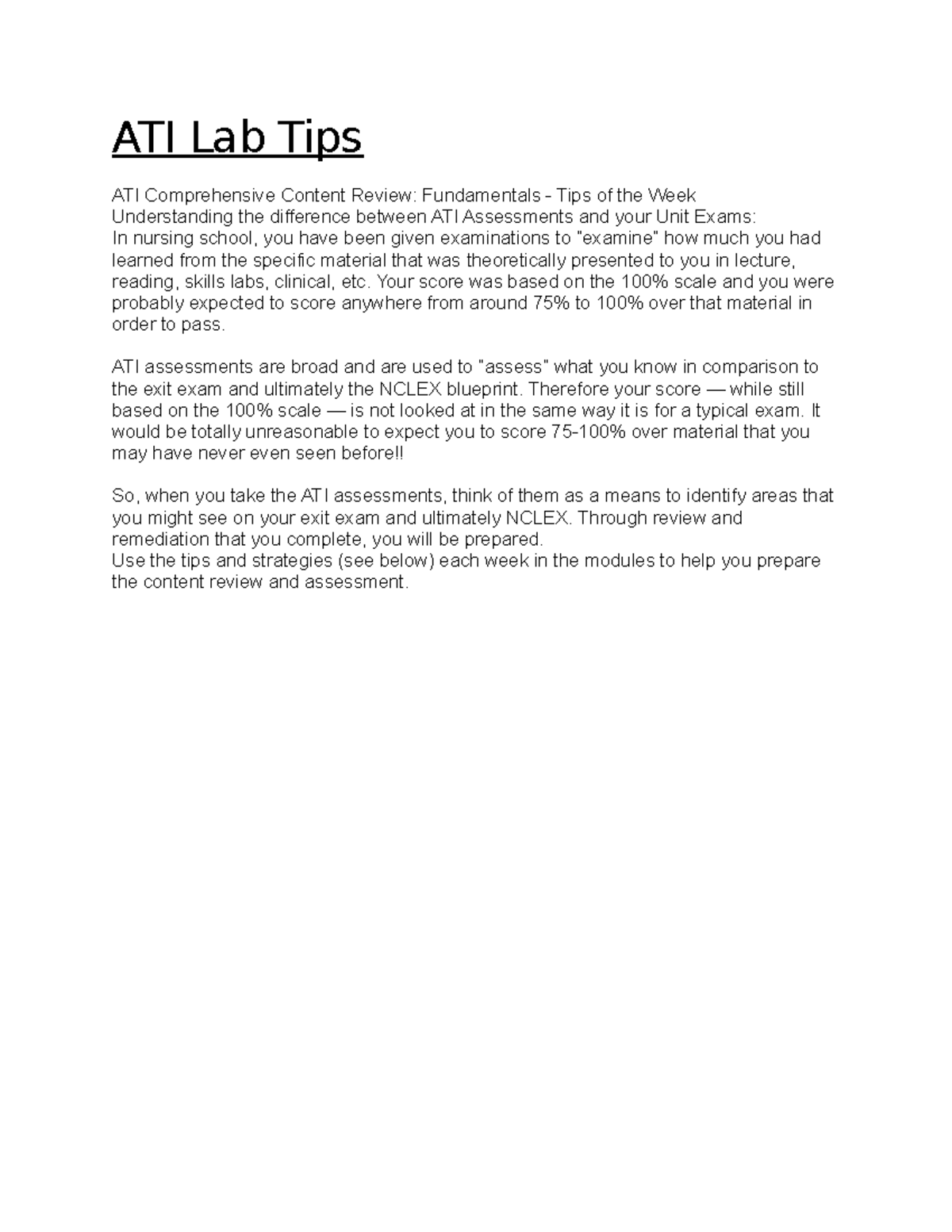 ATI Lab Tips: Fundamentals Review & Test Preparation Strategies - Studocu