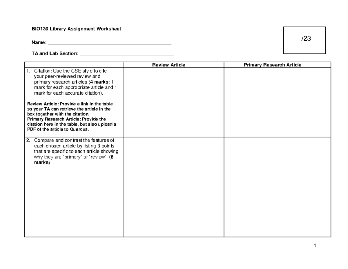 BIO130 Library Assignment Worksheet: Review & Research Articles - Studocu