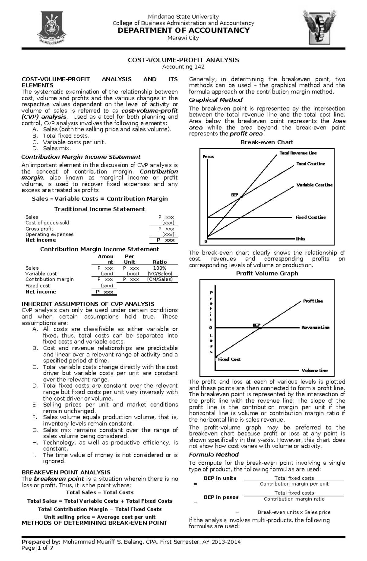 Cost Volume Profit Analysis (ACCT 142) Lecture Notes and Problems - Studocu