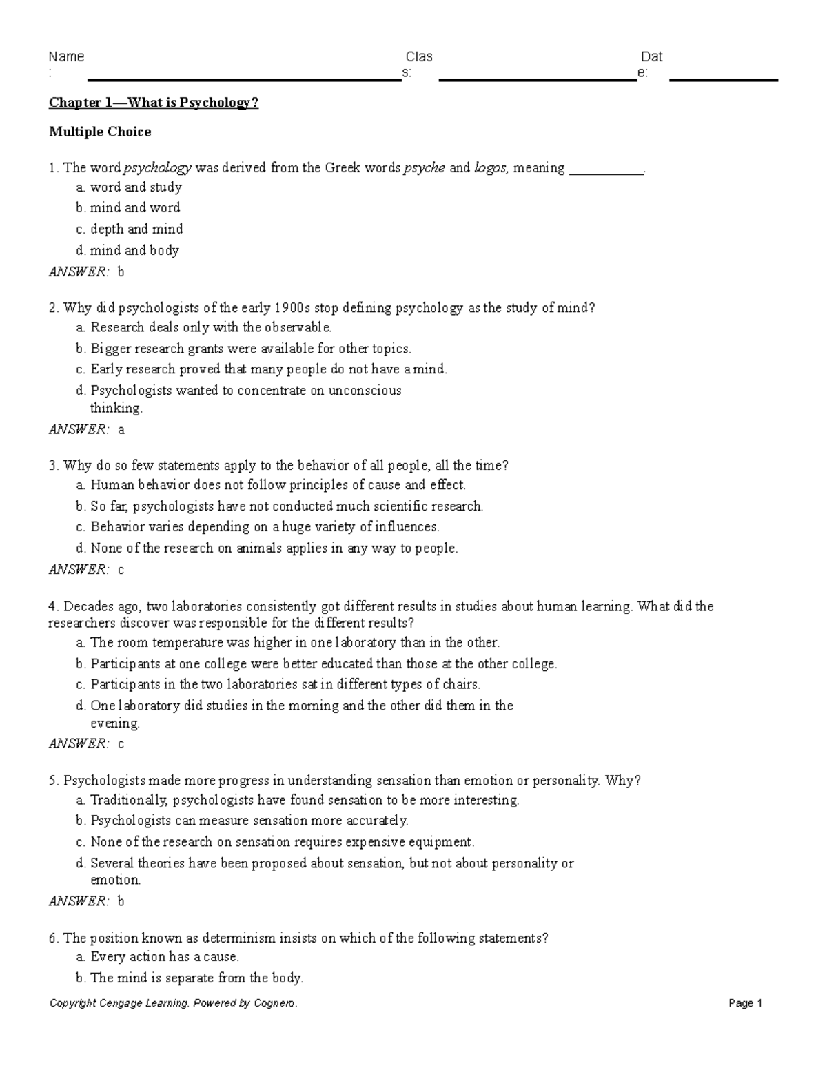 Chapter 1 - Intro to Psychology: Key Concepts and Quiz Questions - Studocu
