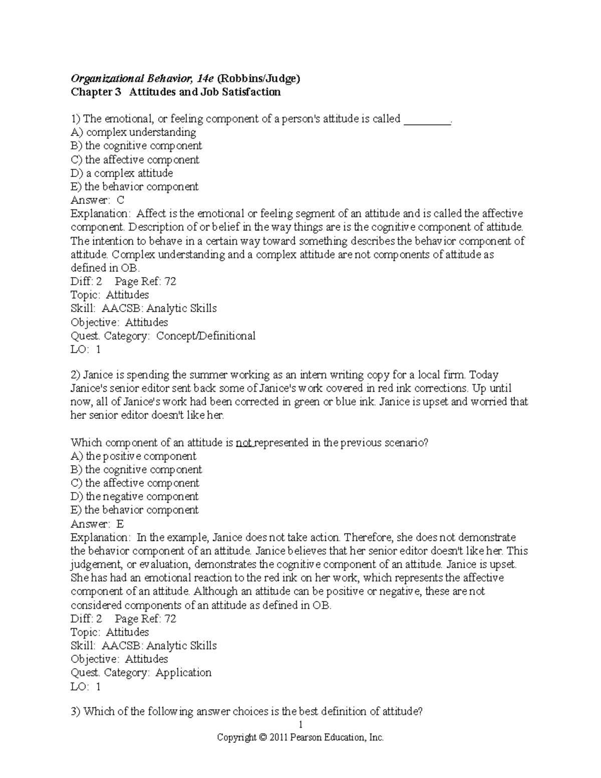 Organizational Behavior Test Bank: Attitudes & Job Satisfaction ...