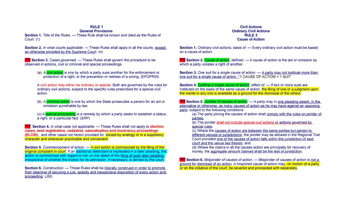 Summary Notes on Rules 1-6 of the Rules of Court (ROC) - Studocu