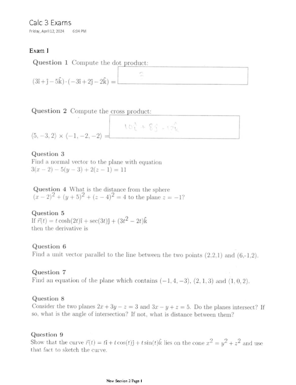Calc 3 Exams - practice exam - MATH 21300 - Exam 1 Calc 3 Exams Friday ...