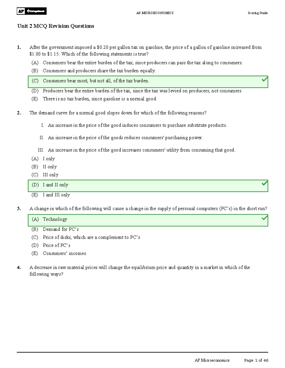 AP MICROECONOMICS Unit 2 MCQ Revision Questions & Scoring Guide - Studocu