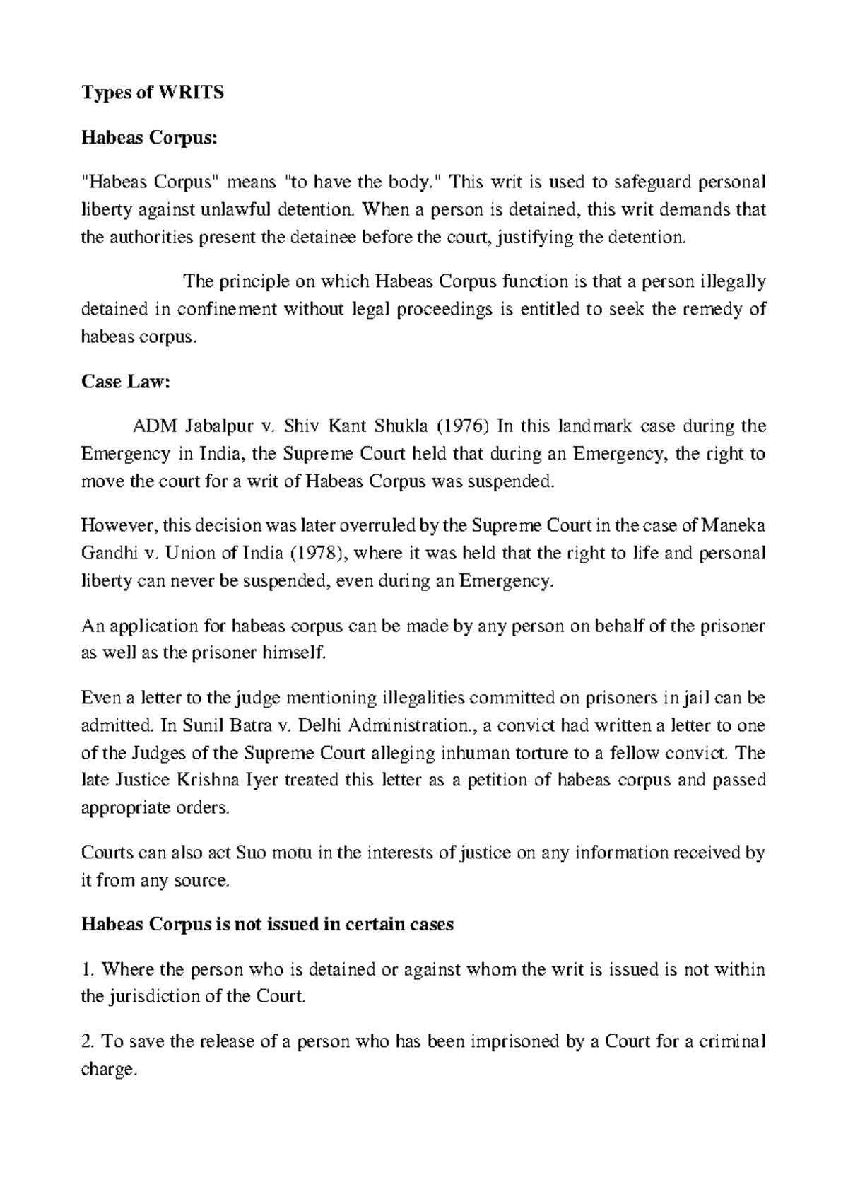 WRITS in Constitutional Law: Key Concepts & Case Studies - Studocu