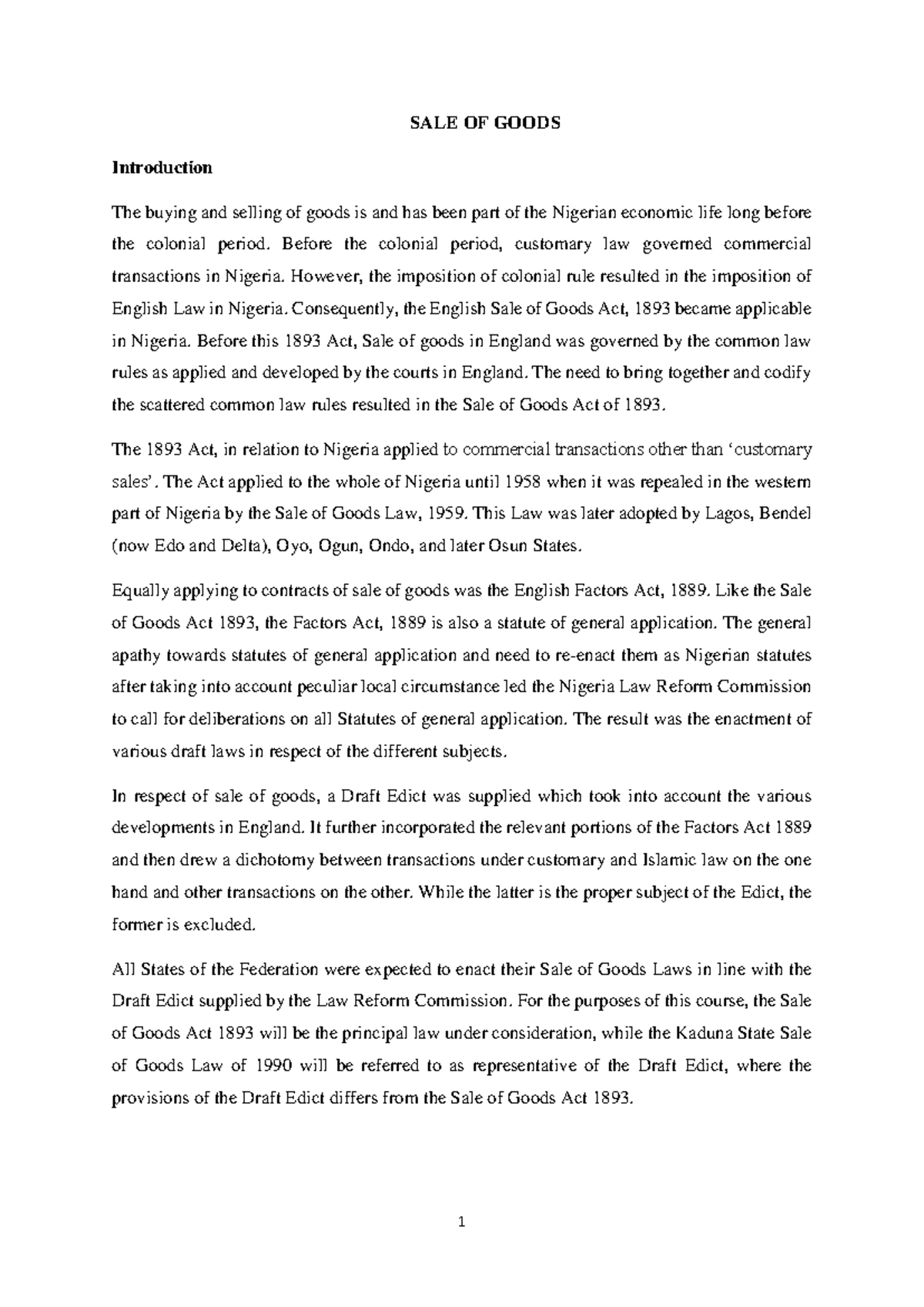 Notes on Sale of Goods Law (LAW 101) - Studocu