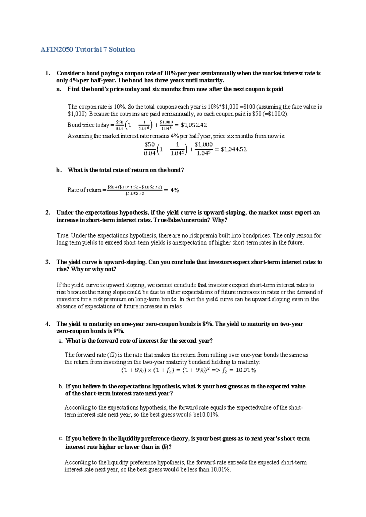 AFIN2050 Tutorial 7 Solutions and Bond Pricing Analysis - Studocu