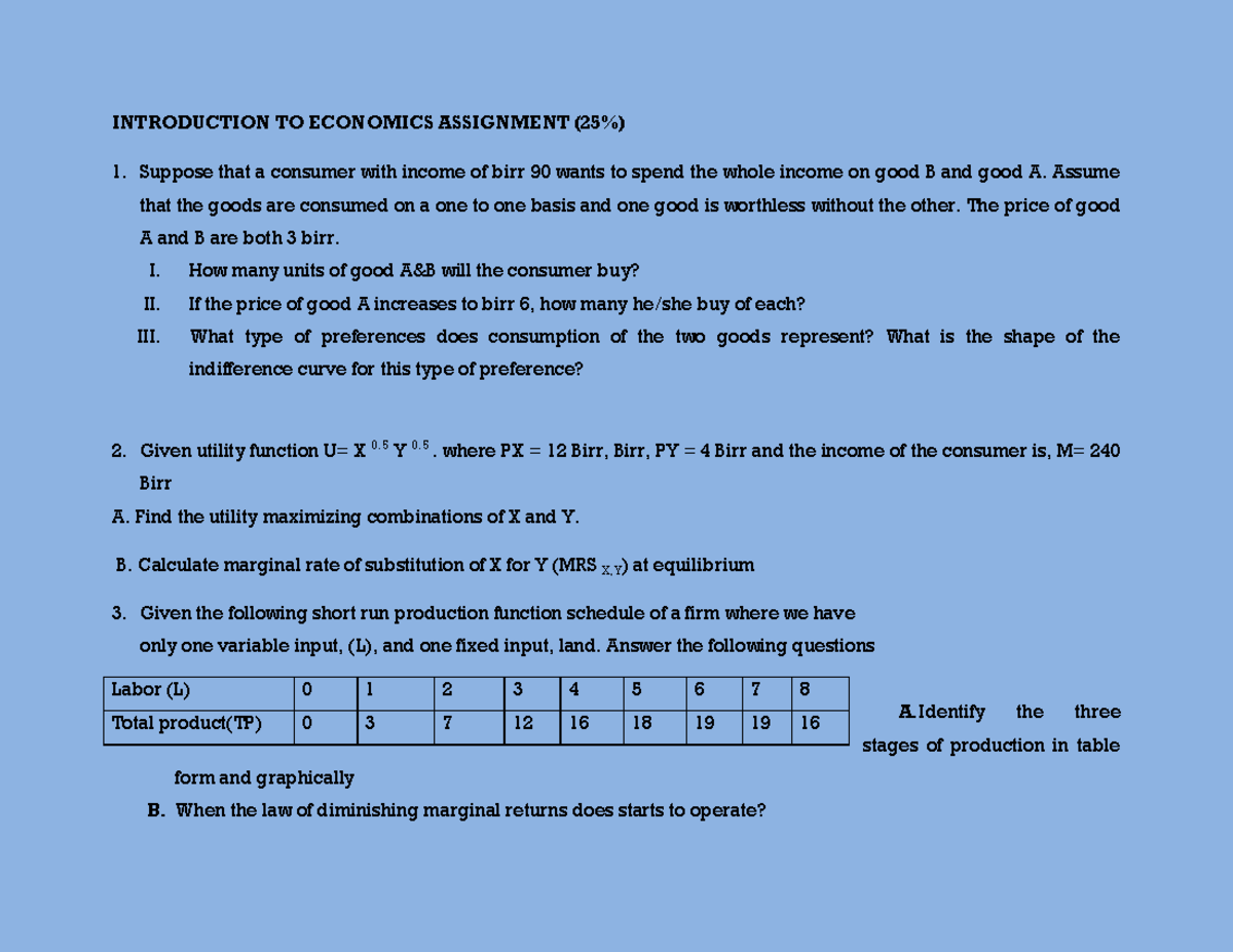 ECON 101: Assignment 1 - Consumer Behavior & Production Analysis - Studocu