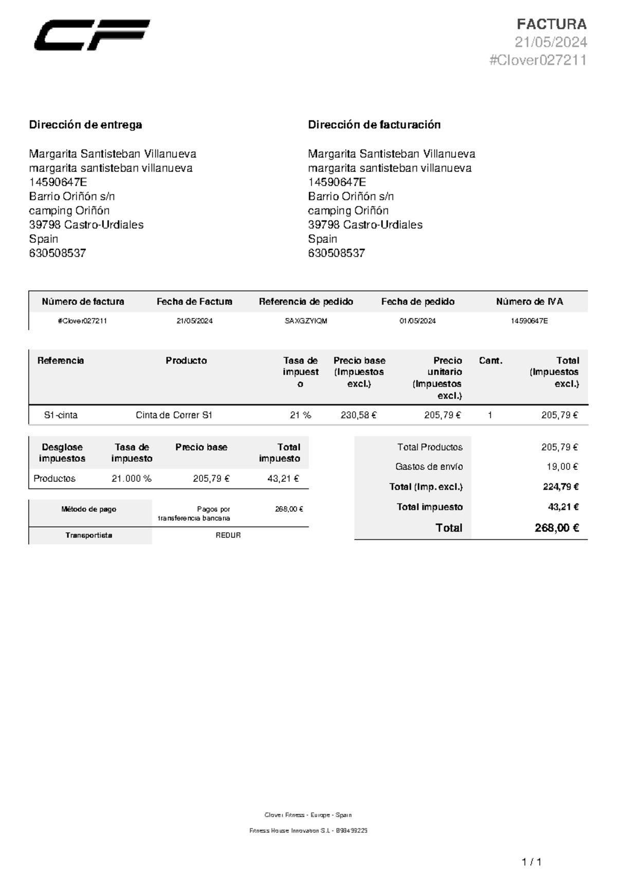 Clover 027211 - Invoice Details for Margarita Santisteban Villanueva ...