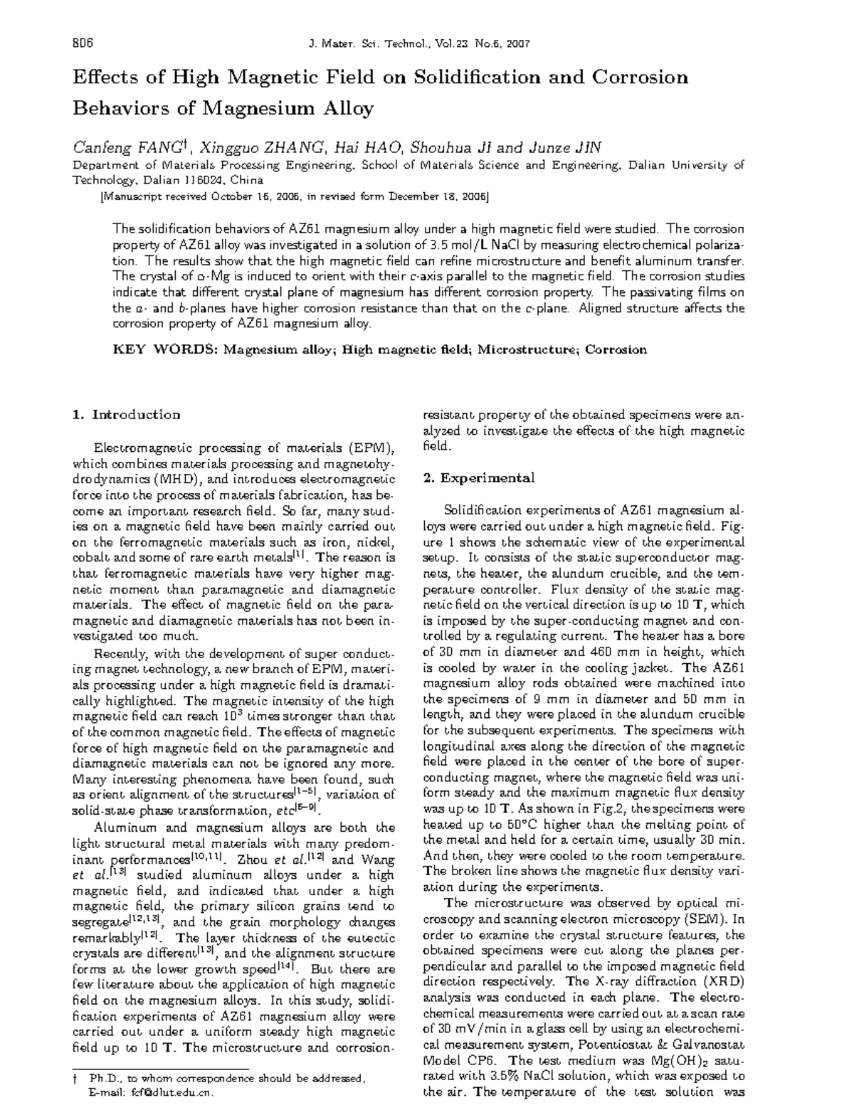 Effects of High Magnetic Field on Solidification & Corrosion of AZ61 Mg ...