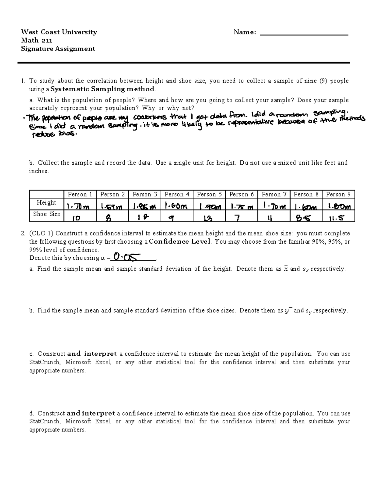 lab assignment - West Coast University Name: Math 211 Signature ...