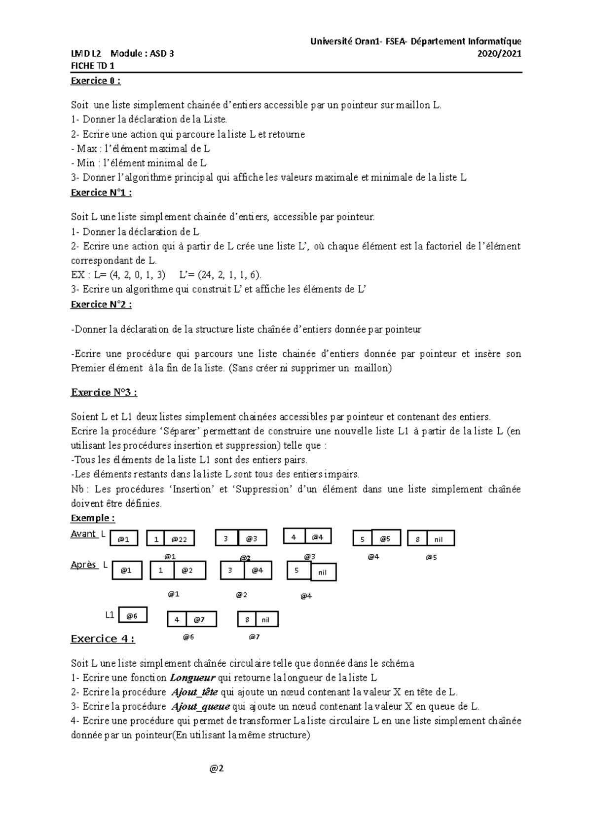 FICHE TD 1 - ASD3-2020/2021: Listes et Piles - Exercices Pratiques ...