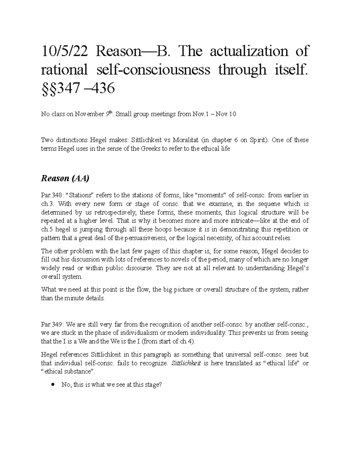 Hegel Lecture Notes: Reason Chapter Analysis (10.5.22) - Studocu