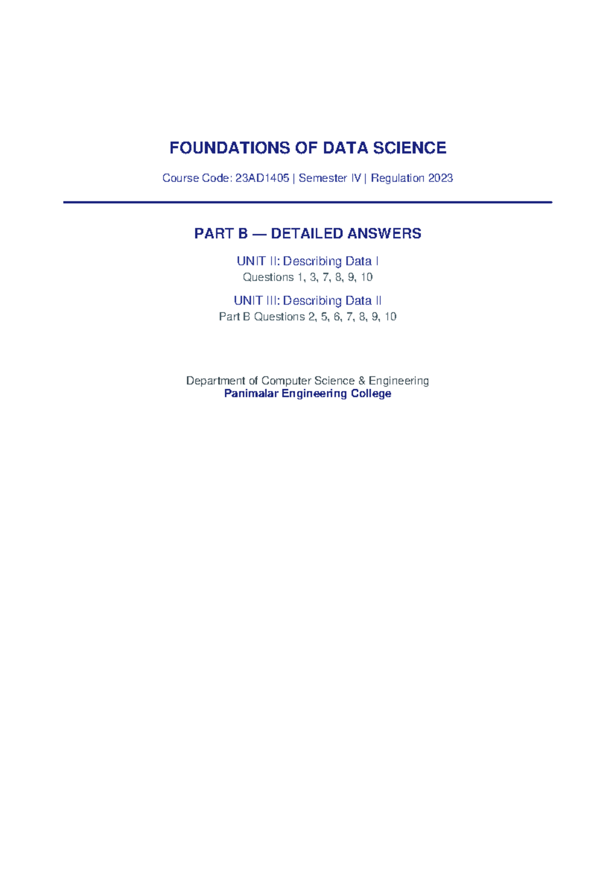 FDS 23AD1405 Unit II & III Detailed Answers on Data Analysis - Studocu