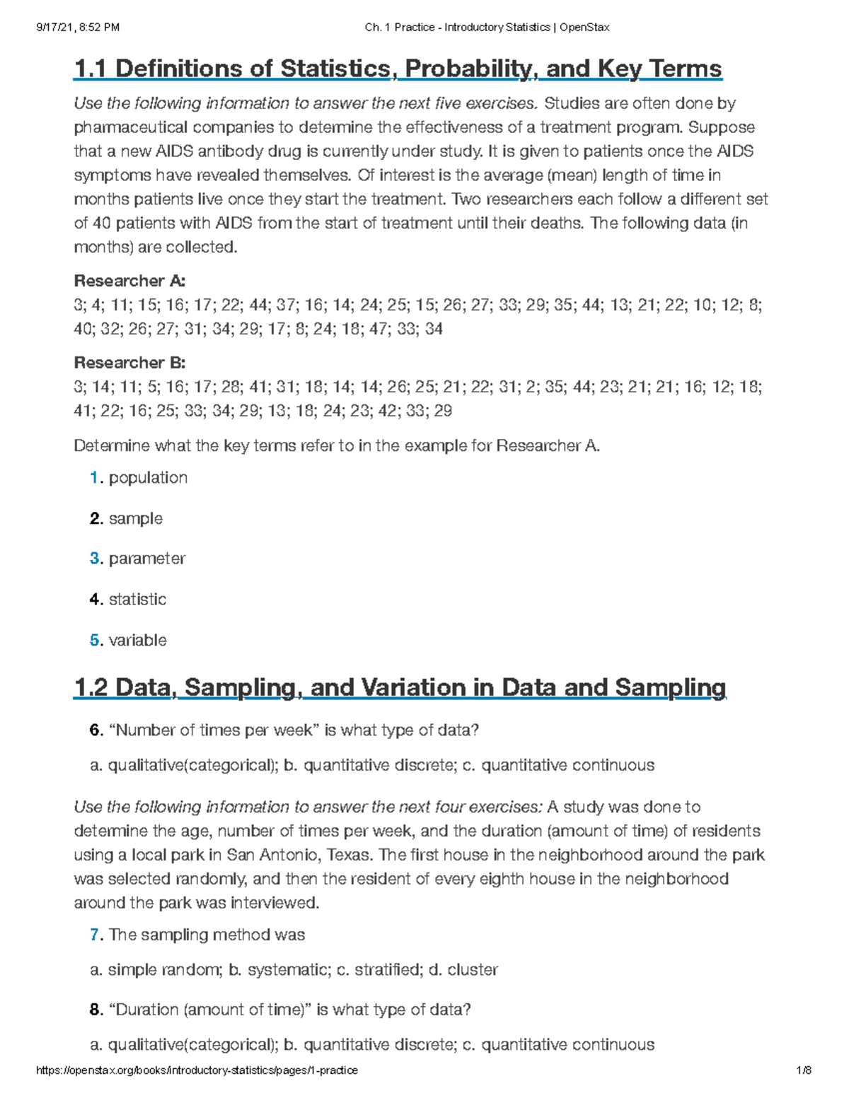 Ch. 1 Practice - Introductory Statistics Open Stax - 1 Definitions of ...