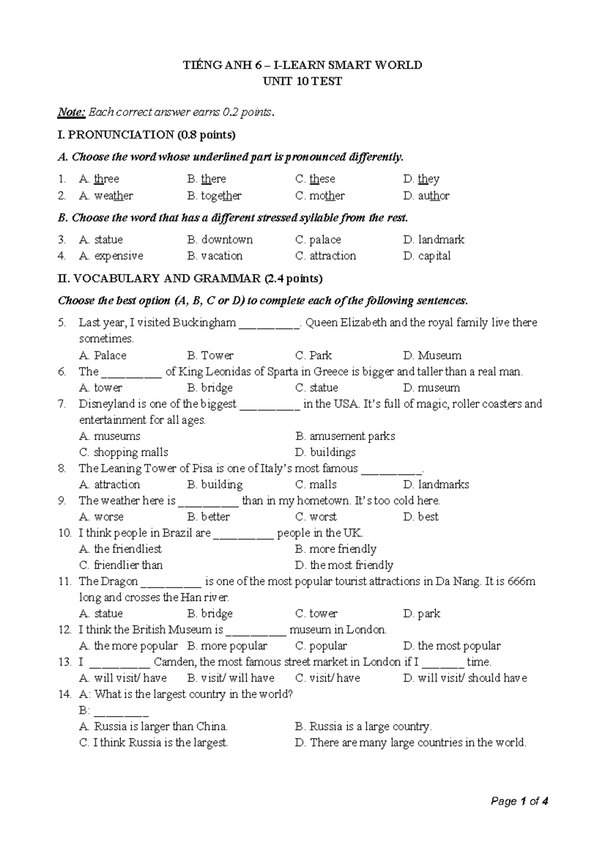637753312 Tiếng Anh 6 Smart World Unit 10 Test - TIẾNG ANH 6 – I-LEARN ...