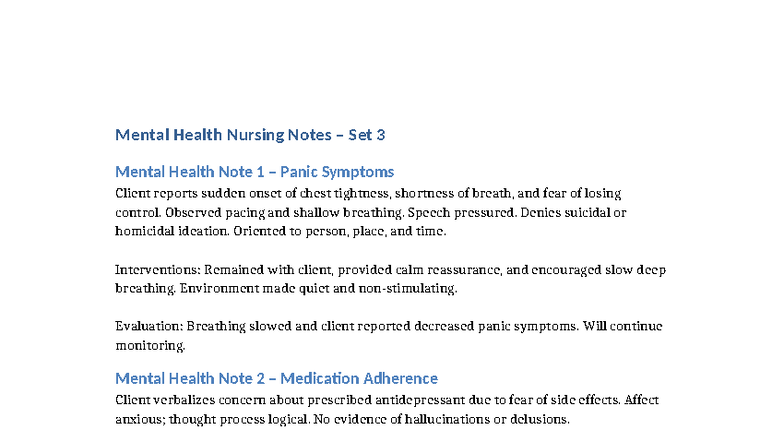 Mental Health Nursing Notes Set 3: Panic, Medication, & Emotion - Studocu