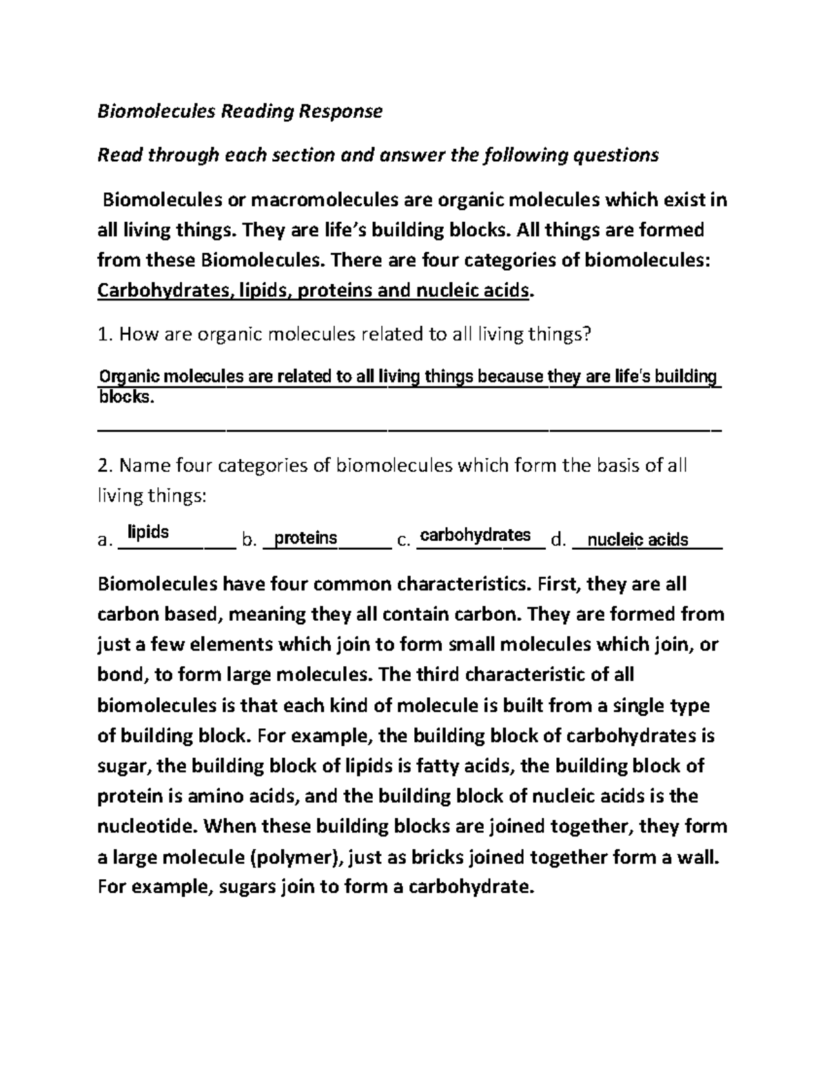 Biomolecules Guided Reading Response for Biology 101 - Studocu