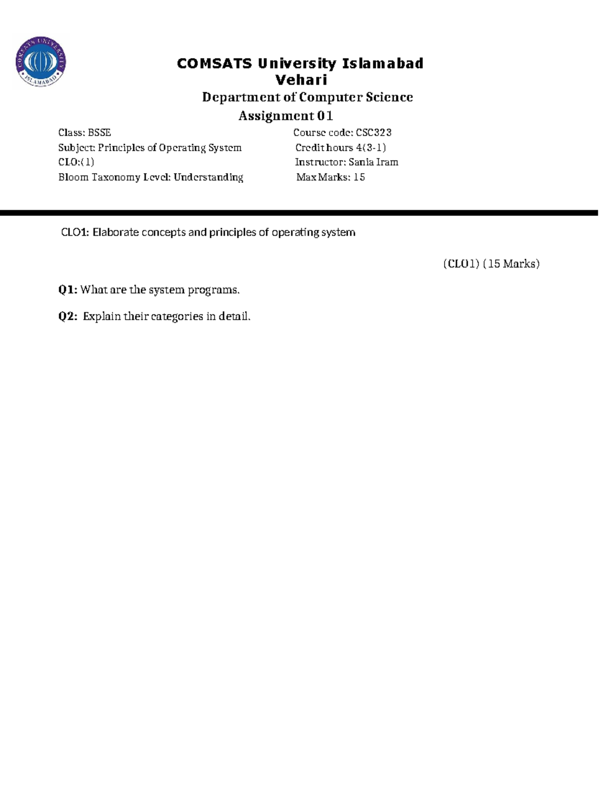 Assignment 1 - Operating Systems - COMSATS University Islamabad Vehari ...