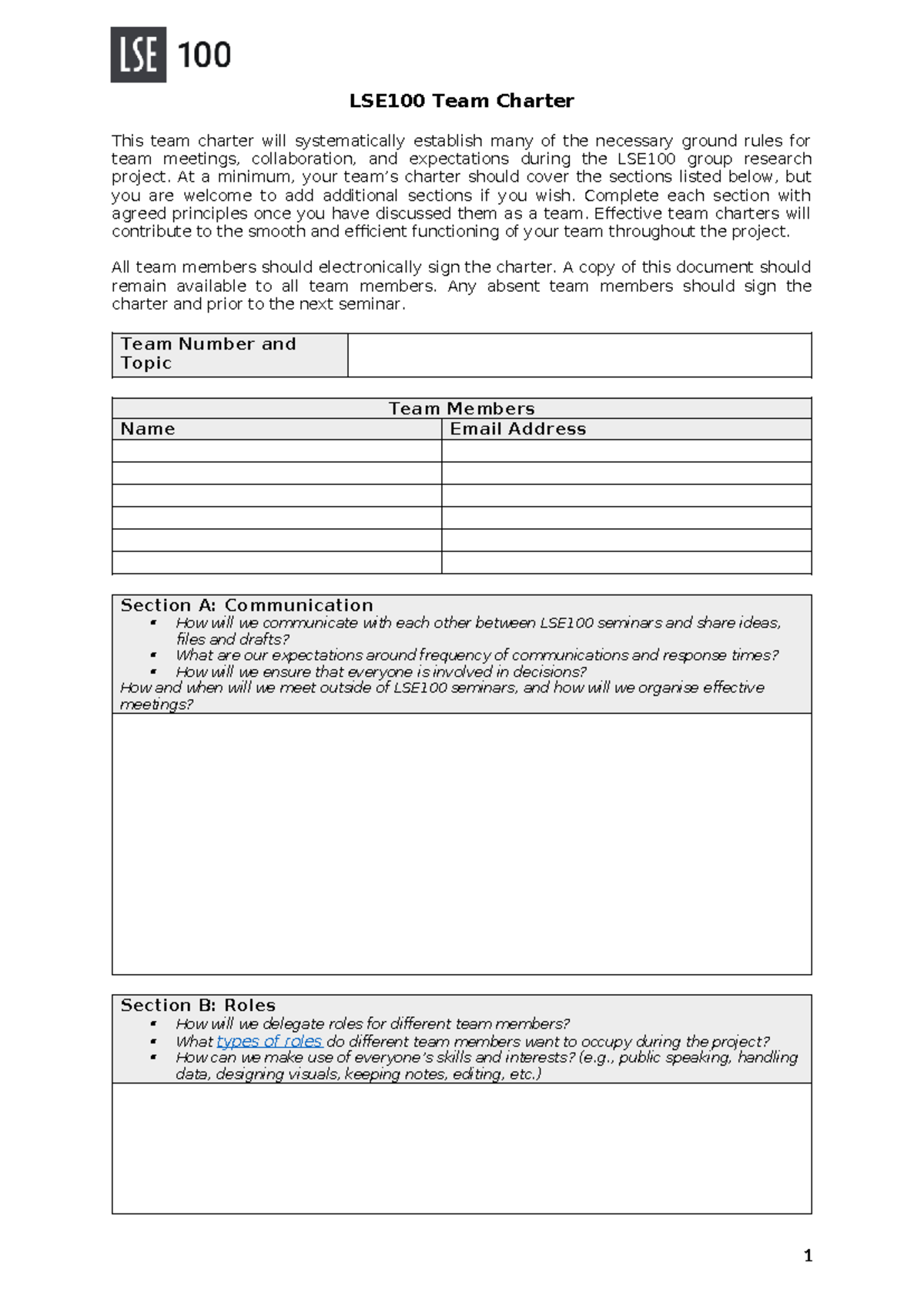 LSE100 Team Charter for Group Project Collaboration - Studocu