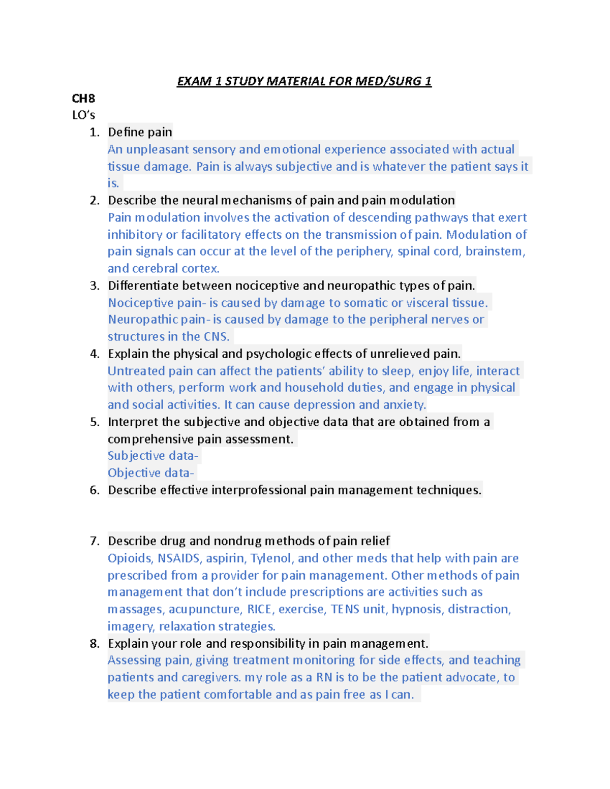AH MED/SURG 1 EXAM 1 STUDY GUIDE: Pain Management & Nursing Care - Studocu