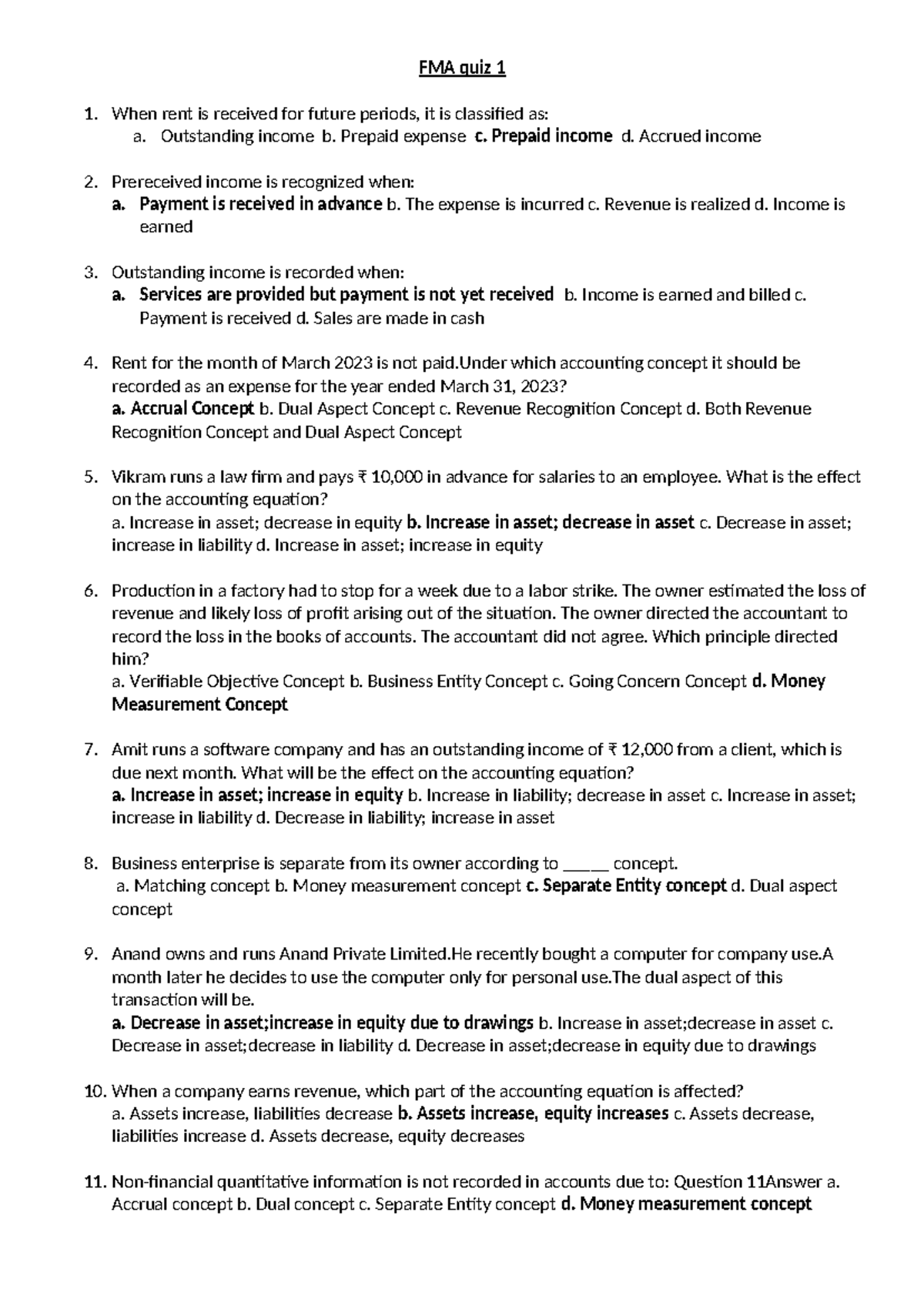 Quiz1 FMA - Quiz - FMA quiz 1 When rent is received for future periods ...