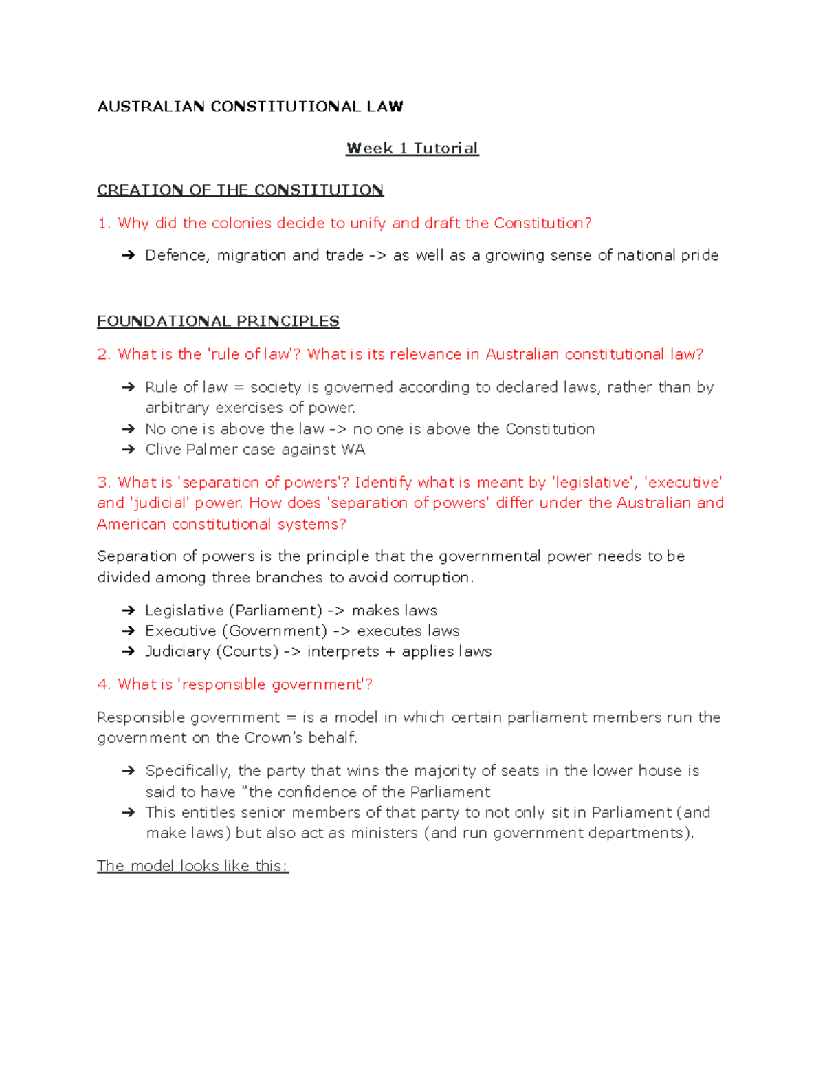AUSTRALIAN CONSTITUTIONAL LAW Week 1 & 2 Tutorial Notes on Key ...