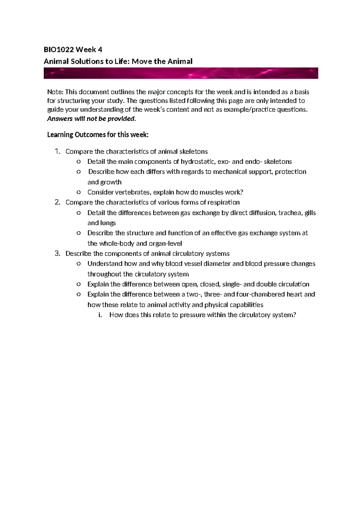 BIO1022 Week 4 Study Guide: Animal Systems Overview and Concepts - Studocu