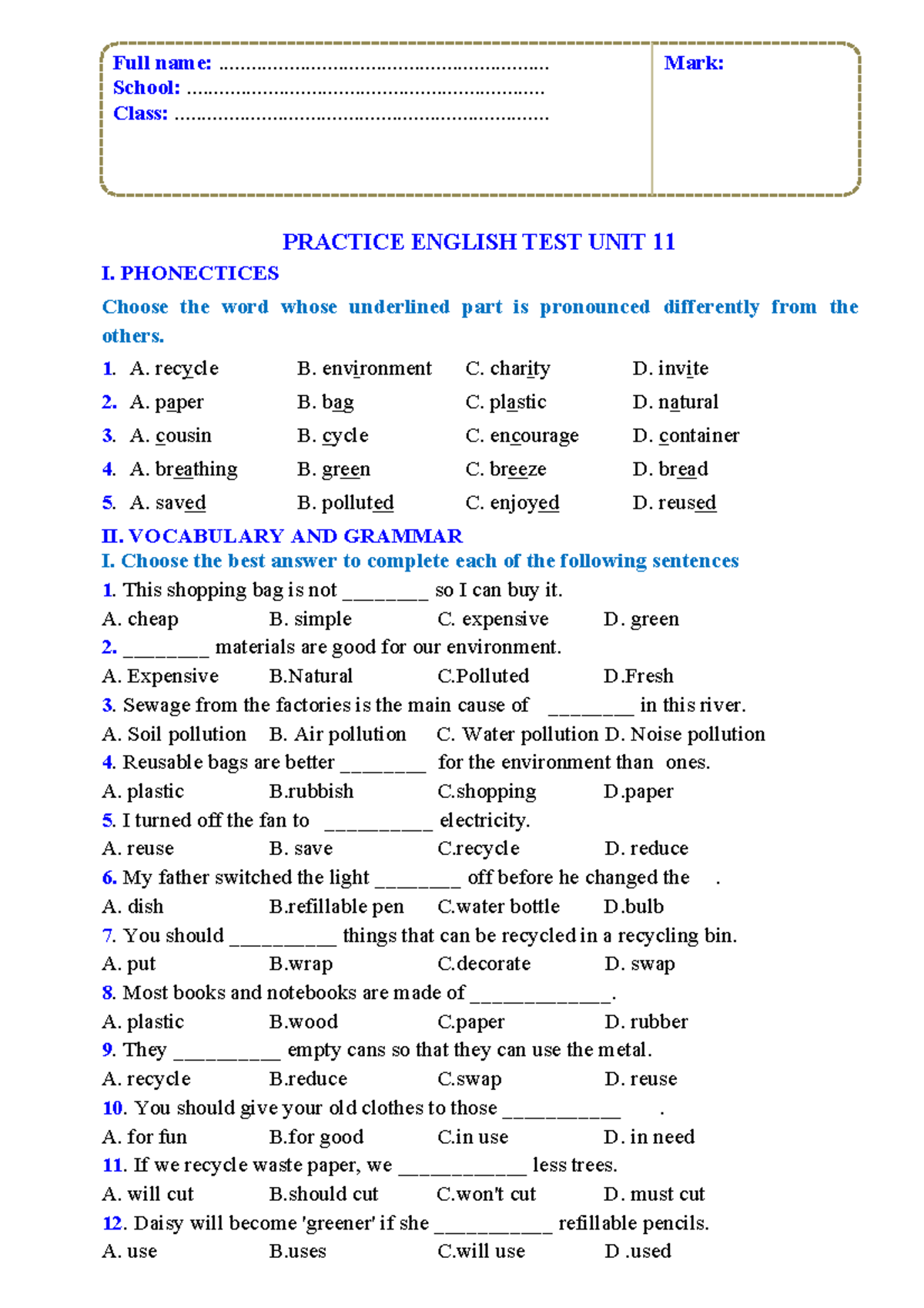 Practice English Test Unit 11: Phonetics, Vocabulary & Grammar - Studocu