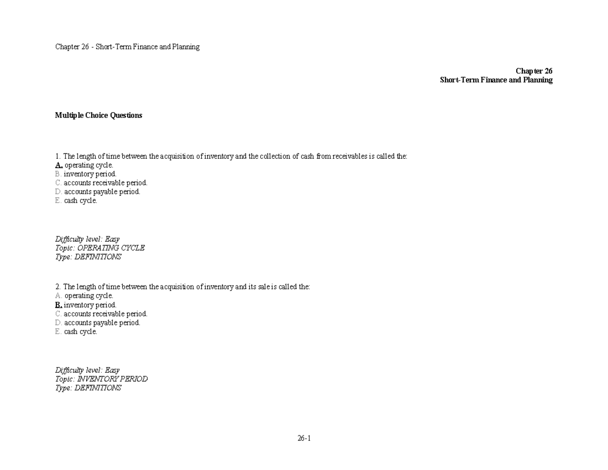 Chapter 26 Finance and Planning MCQs - TCC NH - Studocu