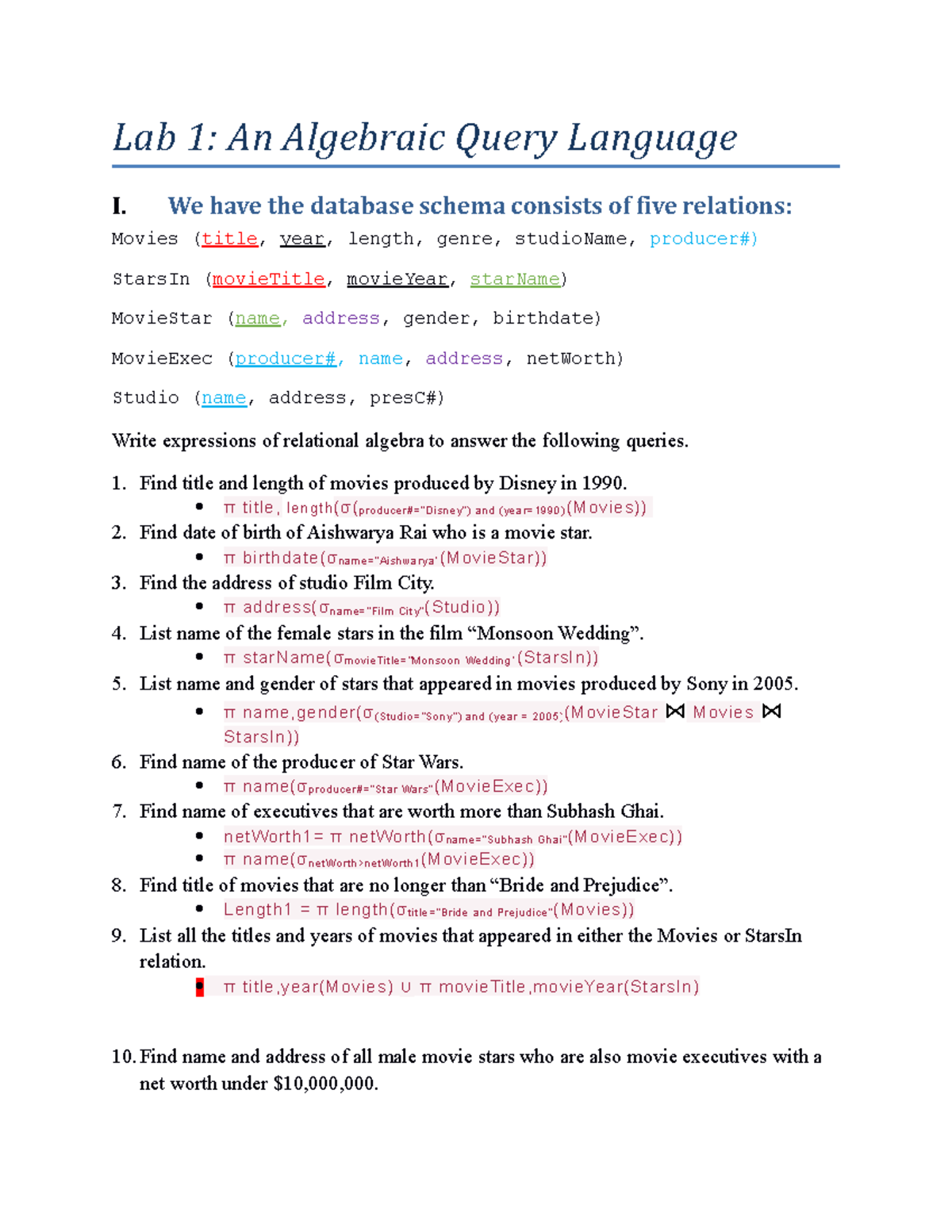 Lab1 - 2e2ee2e2 - Lab 1: An Algebraic Query Language I. We have the ...