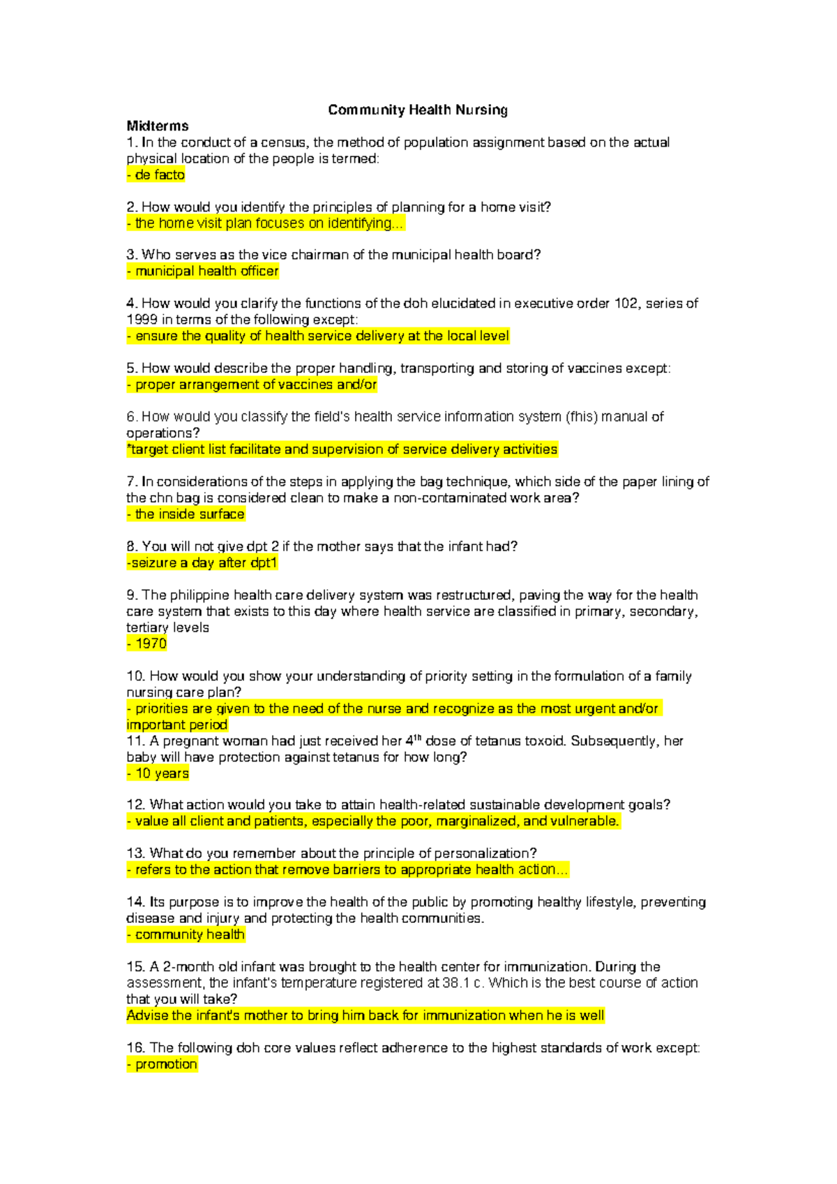 Community Health Nursing Midterm and Final Exam Reviewer PNLE - Studocu
