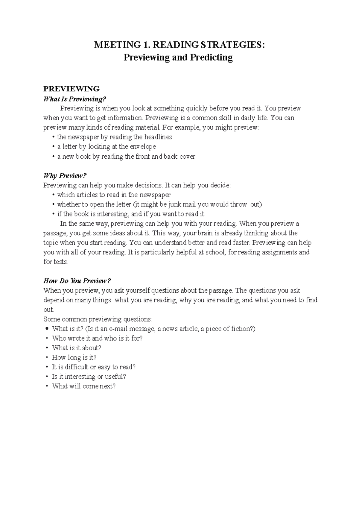 Meeting 1: Reading Strategies & Previewing Techniques - Studocu