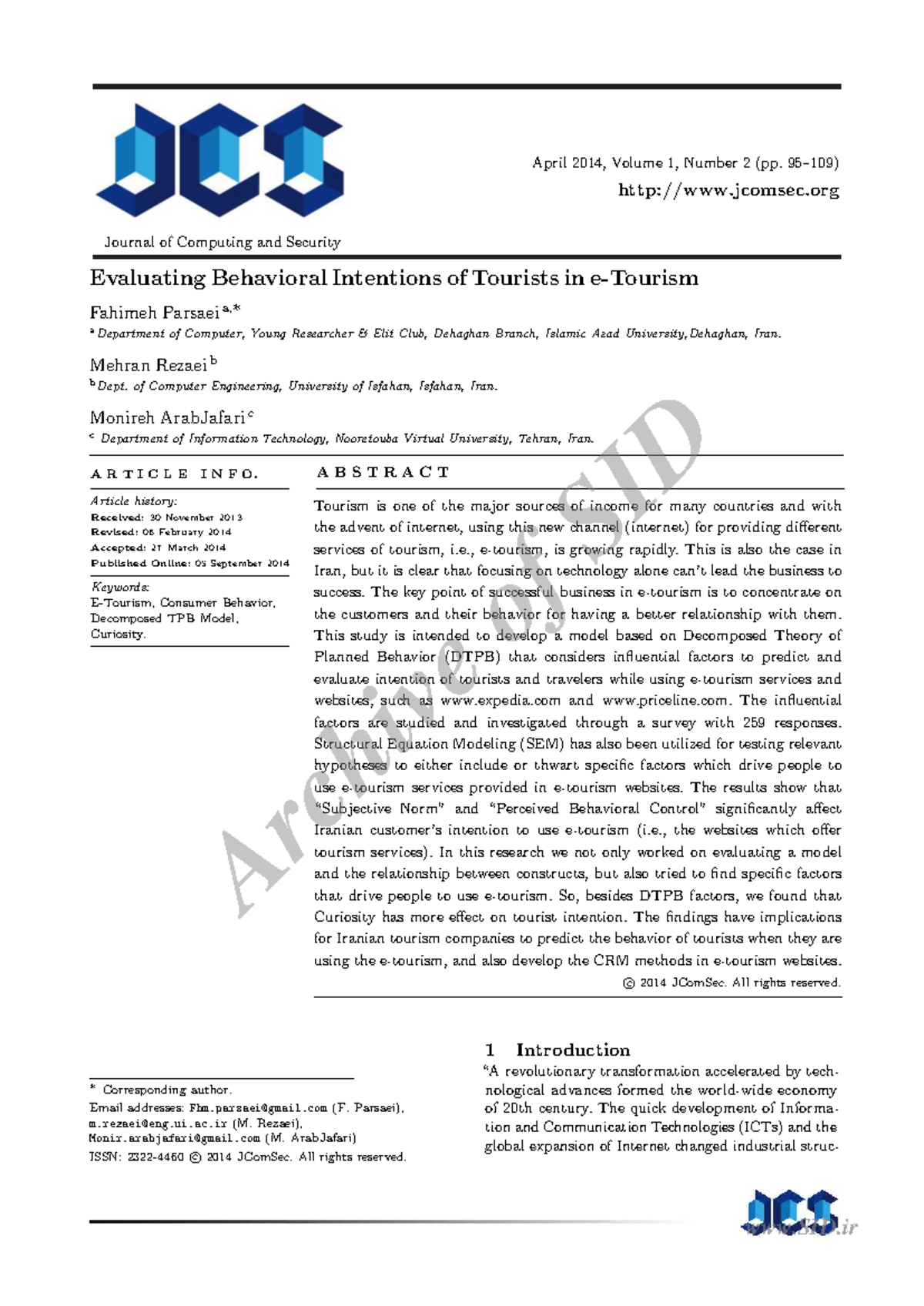 Evaluating Tourist Intentions Using DTPB Model in E-Tourism (5400082014 ...