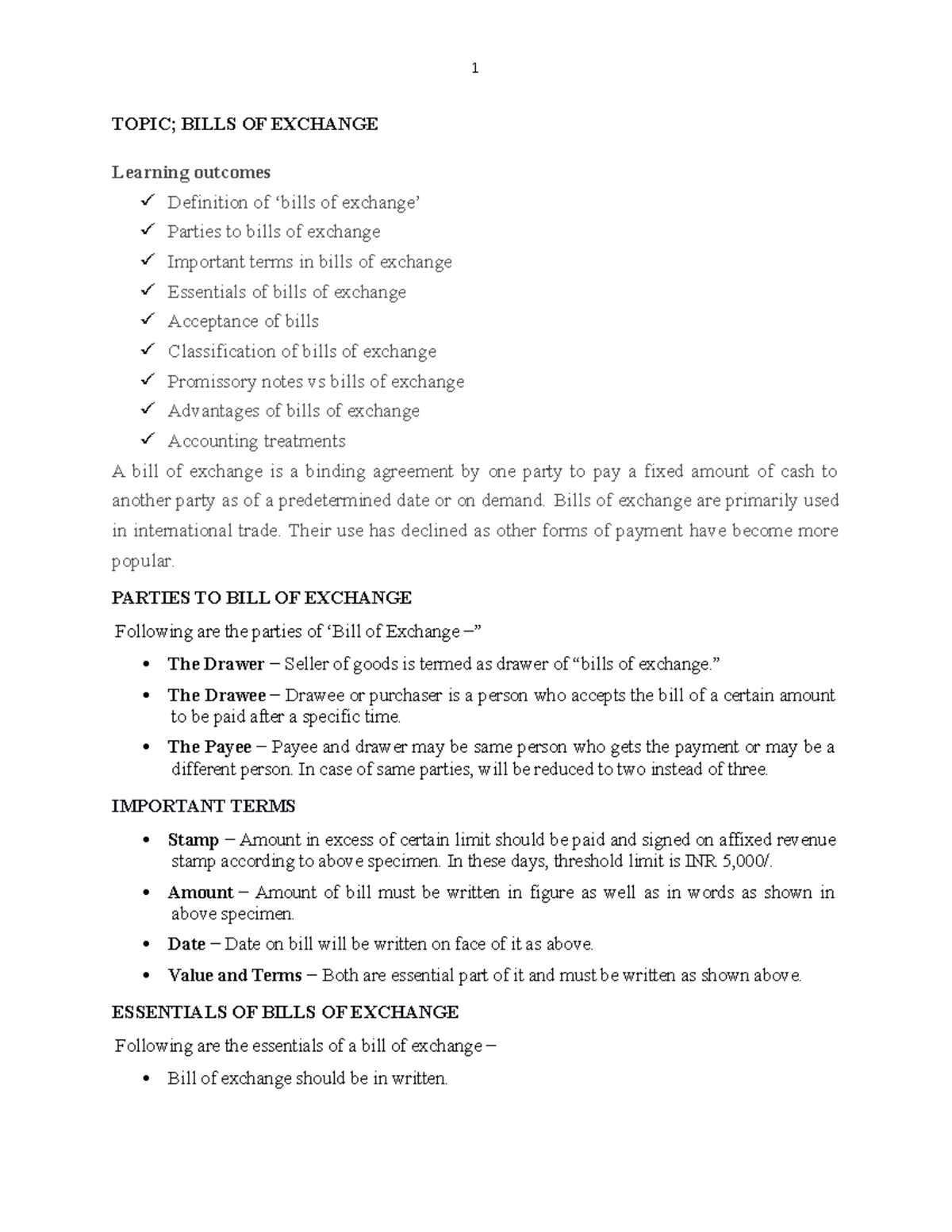 **BIL 101: Comprehensive Study on Bills of Exchange Essentials** - Studocu