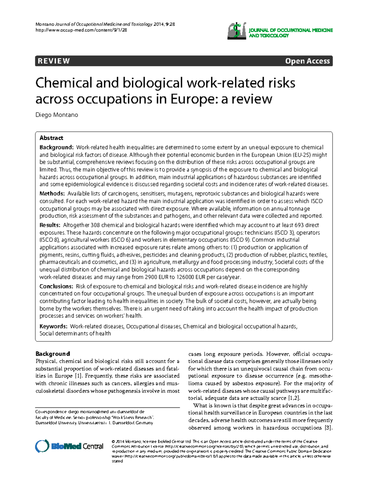 Chemical and biological work-related risks across occupations in Europe ...