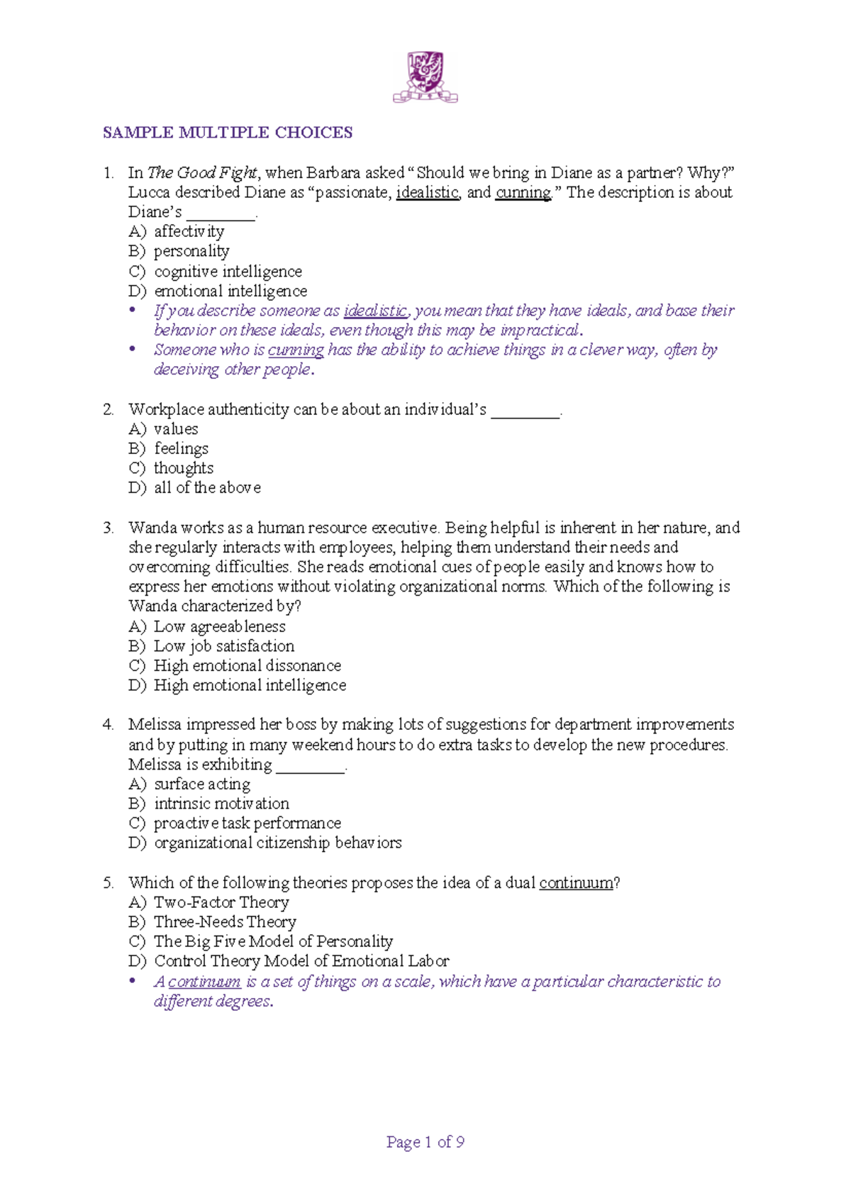 [OB] [Test I] Sample questions - SAMPLE MULTIPLE CHOICES In The Good ...